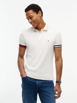Slim Fit Flag Cuff Smooth Cotton Polo, Ivory Petal