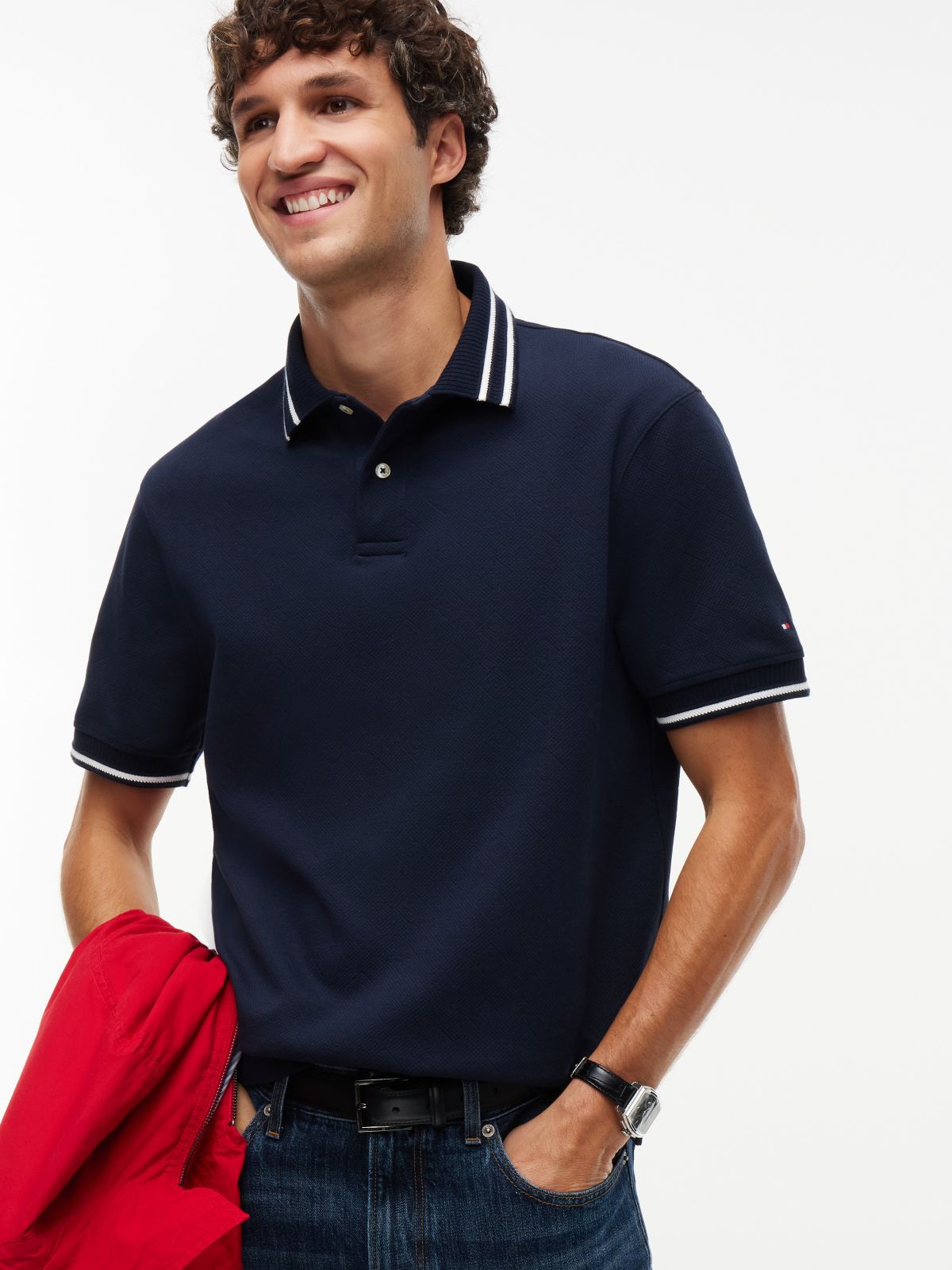 Regular Fit Foulard Jacquard Polo — Navy Blue