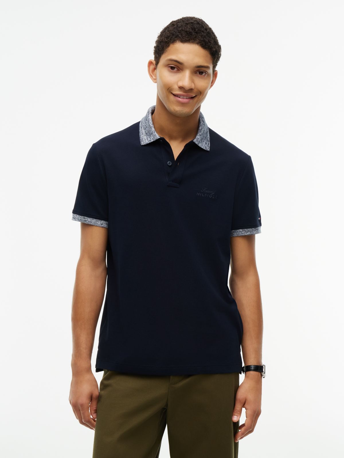 Regular Fit Heathered Trim Pique Polo — Navy Blue