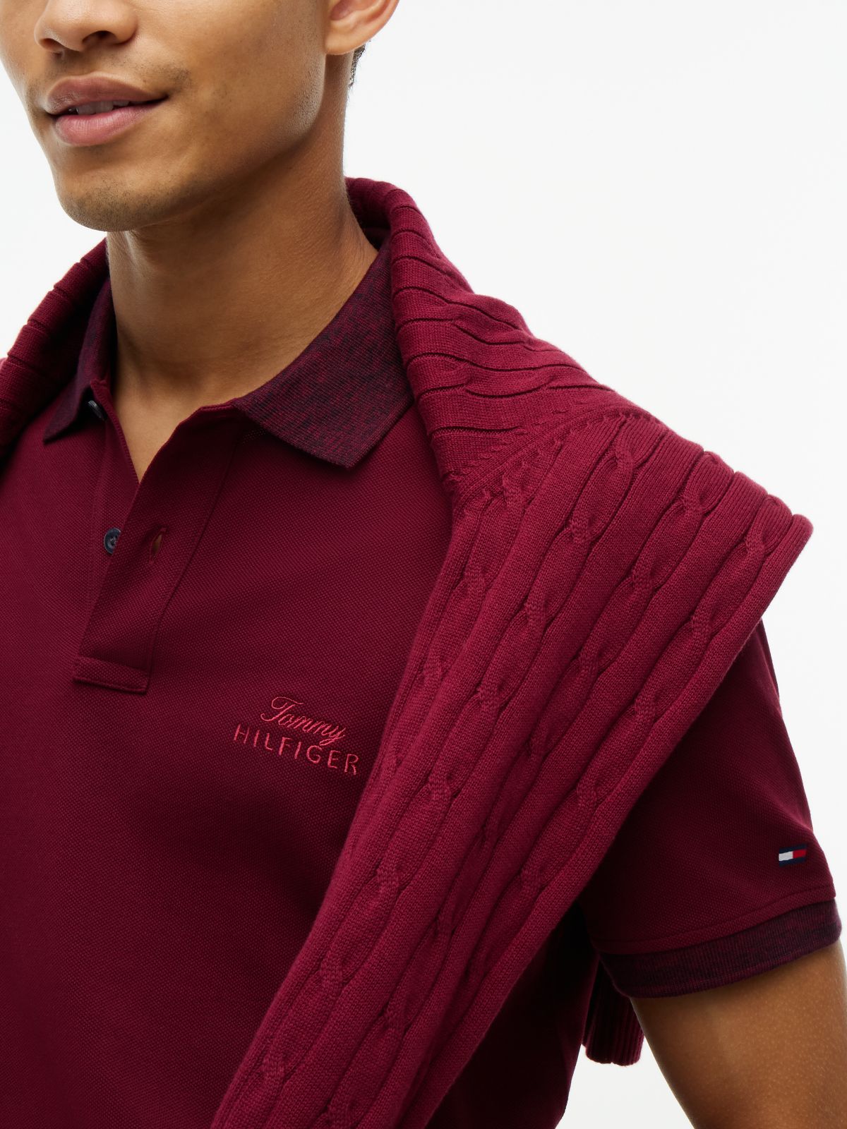 Regular Fit Heathered Trim Pique Polo — Burgundy