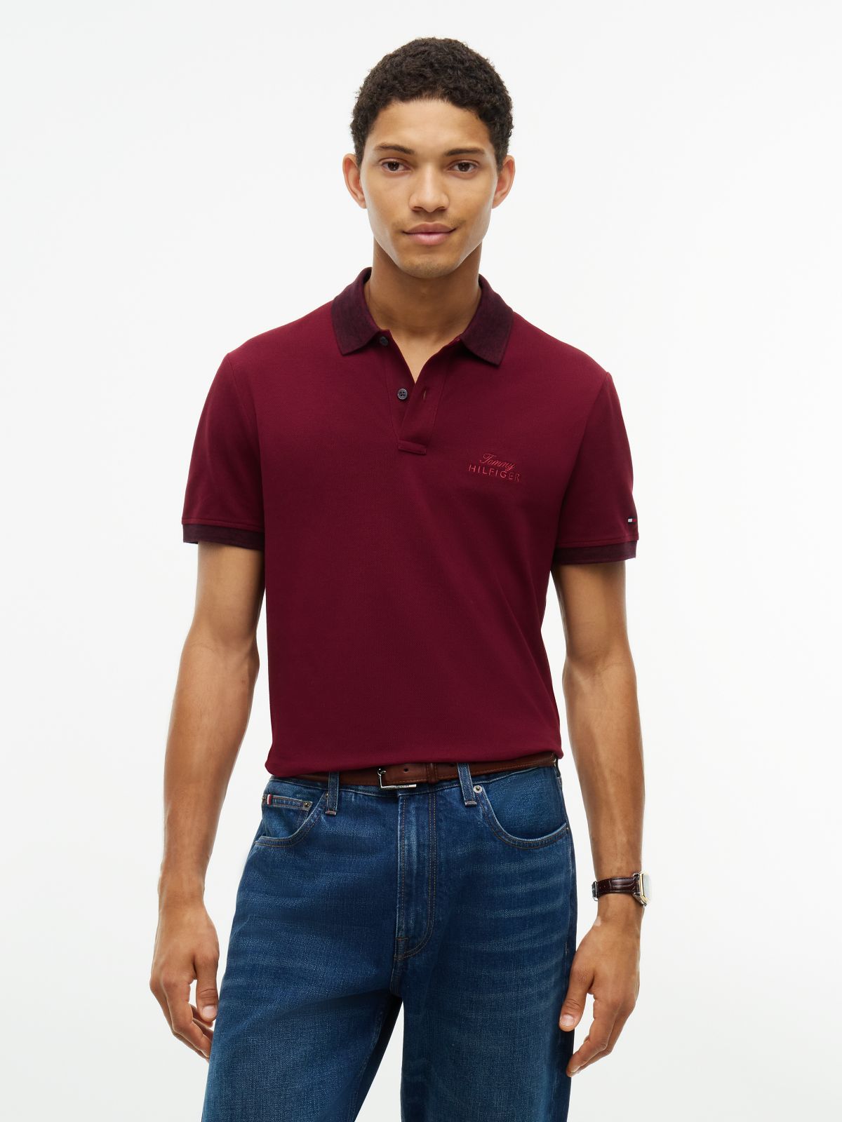 Regular Fit Heathered Trim Pique Polo — Burgundy