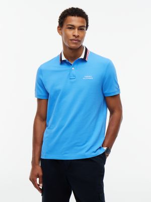 Мужское поло Tommy Hilfiger Regular Fit Striped Collar Pique Polo, цвет: Синий — фото 1
