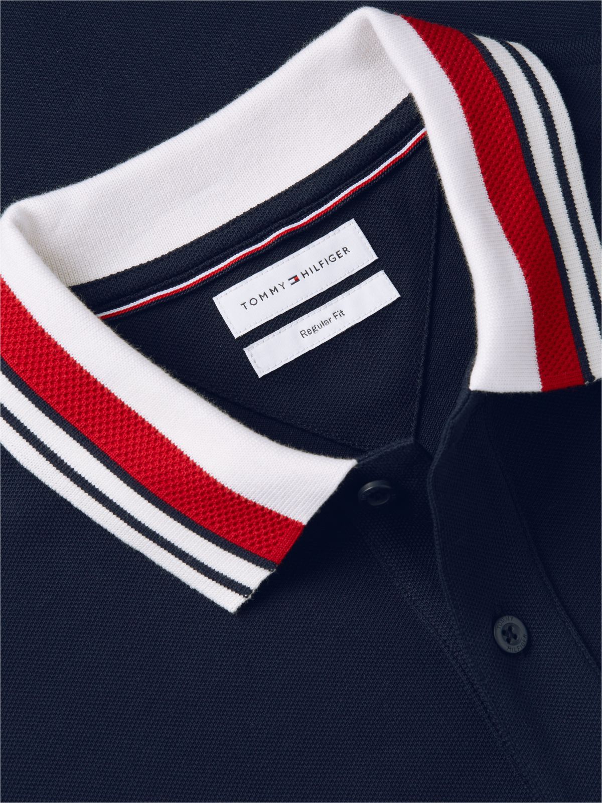 Regular Fit Striped Collar Pique Polo — Navy Blue