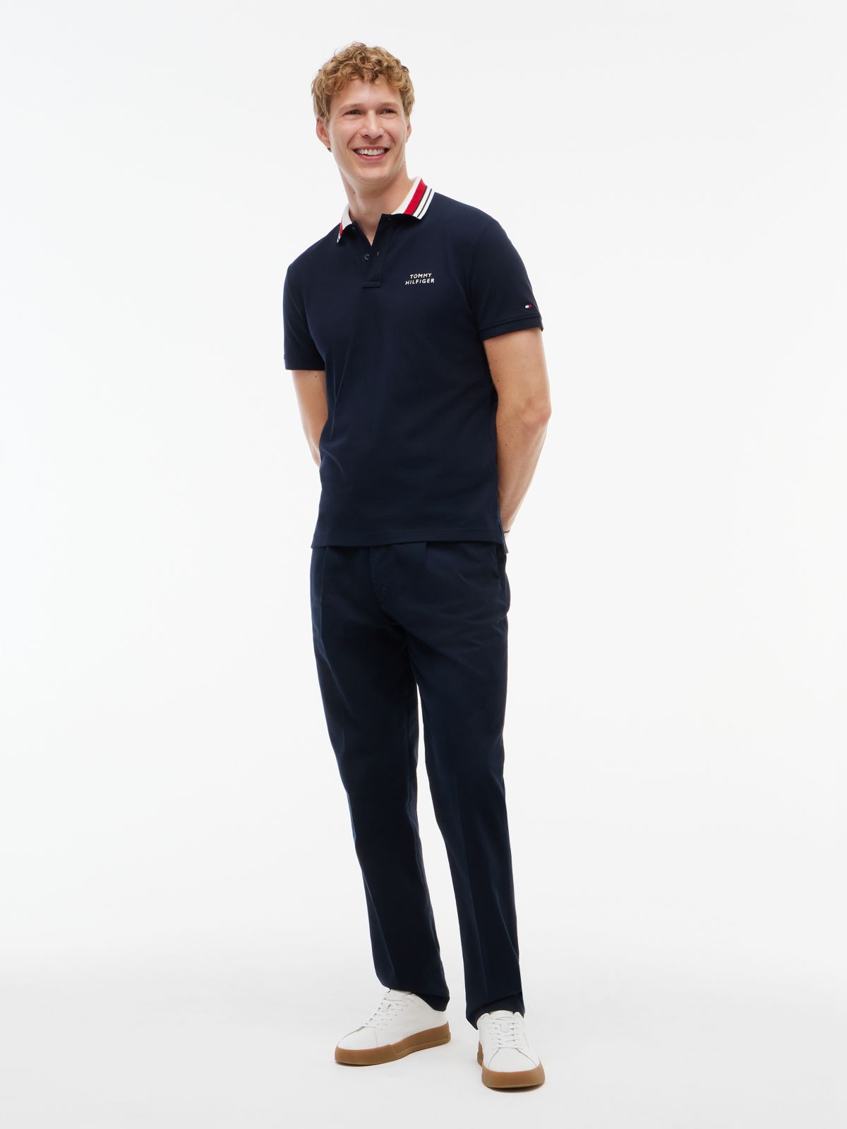 Regular Fit Striped Collar Pique Polo — Navy Blue