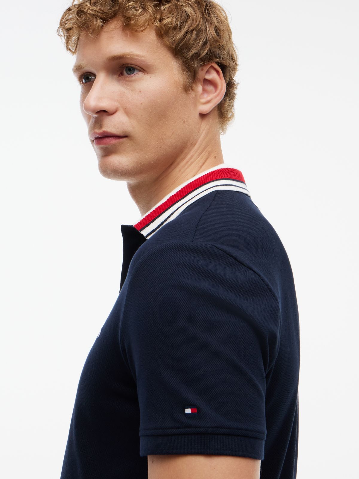 Regular Fit Striped Collar Pique Polo — Navy Blue