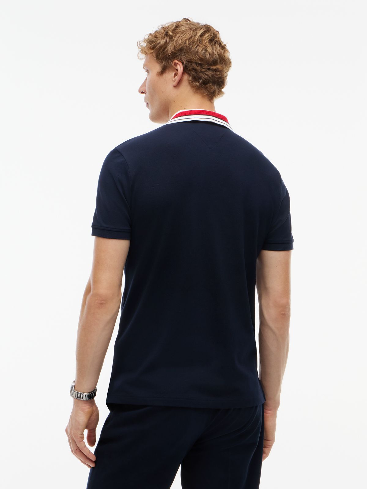 Regular Fit Striped Collar Pique Polo — Navy Blue