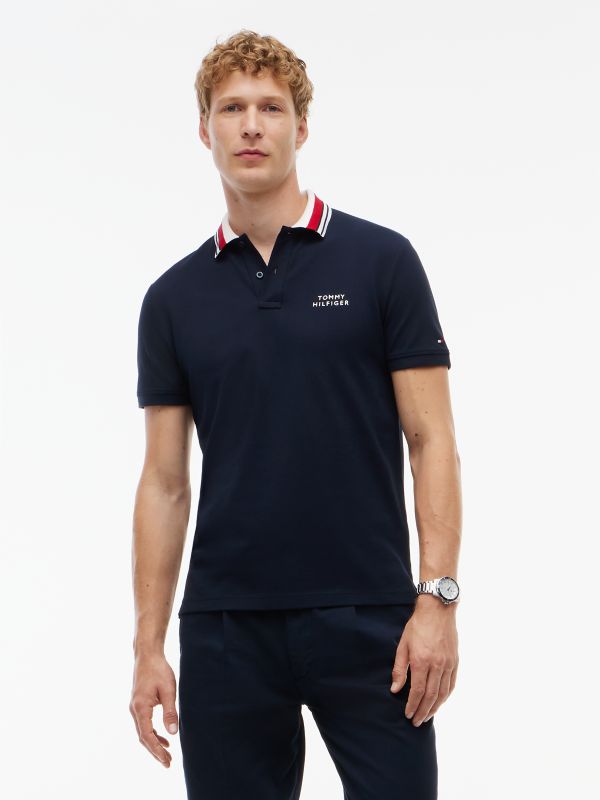 Regular Fit Striped Collar Pique Polo — Navy Blue
