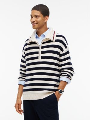 New York Label Wool-Blend Quarter-Zip Sweater, Navy Ivory