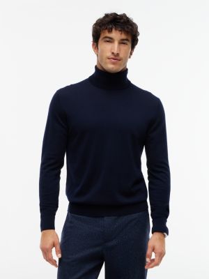 New York Label Wool Turtleneck, Navy Blue