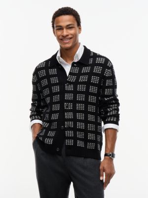 New York Label Wool-Blend Polo Cardigan, Black