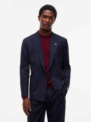 New York Label Pinstriped Wool Blazer, Navy Pinstripe