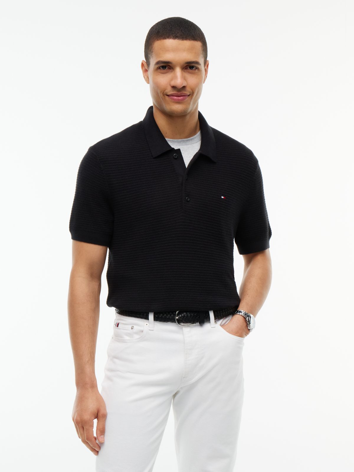 Short-Sleeve Cotton-Cashmere Sweater Polo — Black