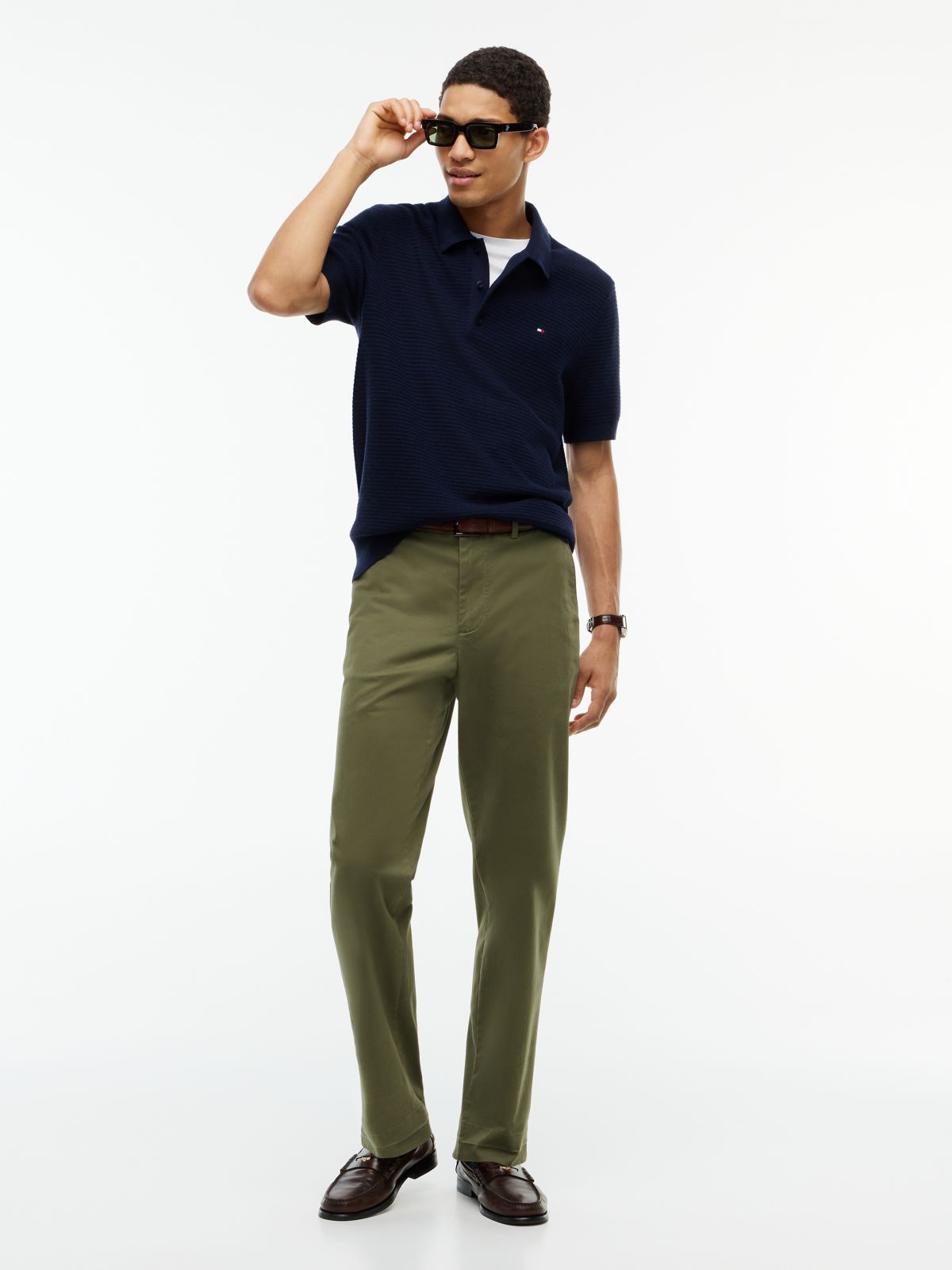 Short-Sleeve Cotton-Cashmere Sweater Polo — Navy Blue
