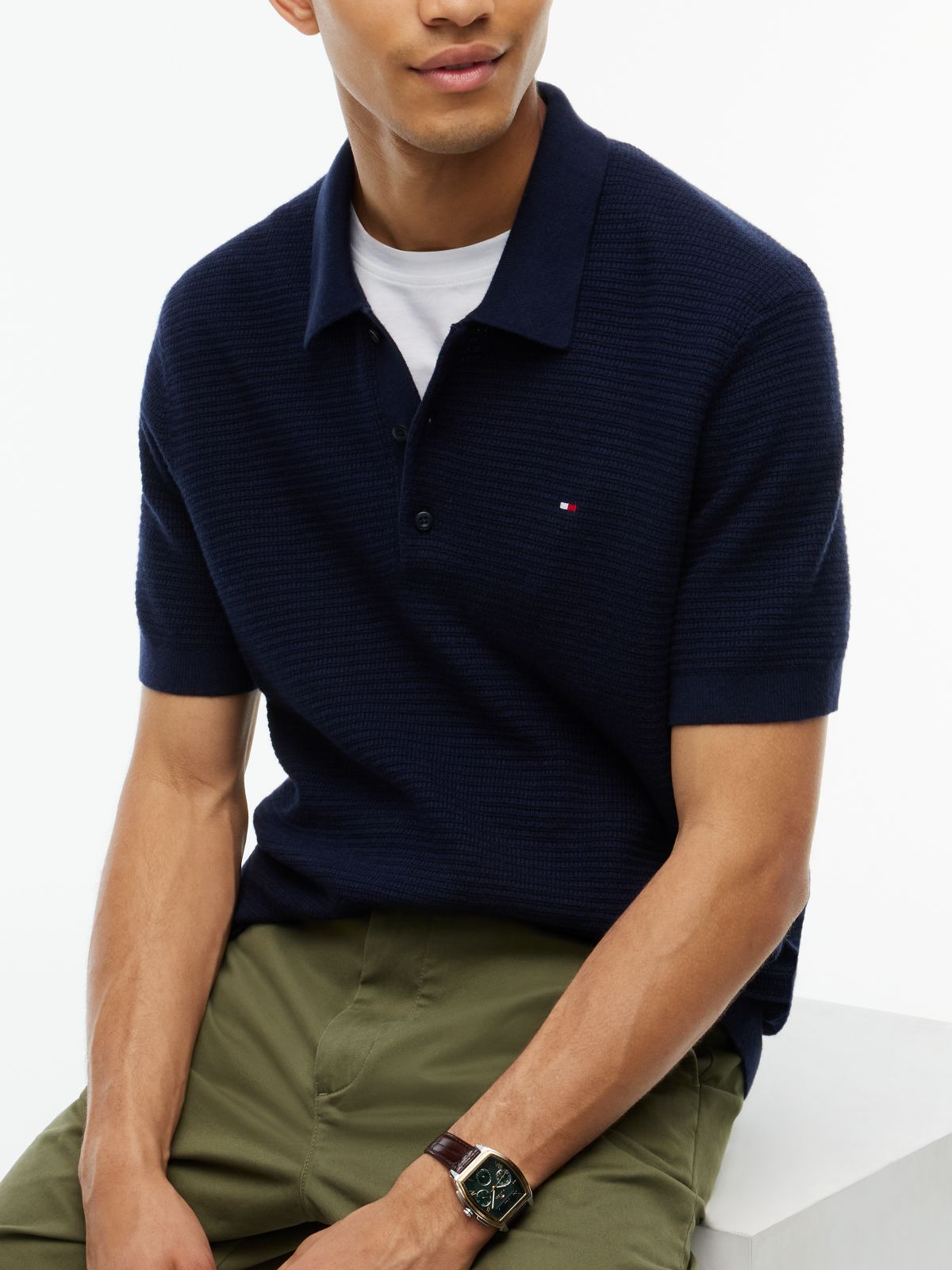 Short-Sleeve Cotton-Cashmere Sweater Polo — Navy Blue