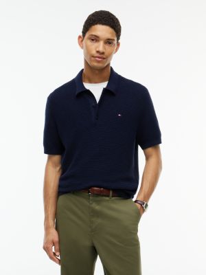 Short-Sleeve Cotton-Cashmere Sweater Polo, Navy Blue