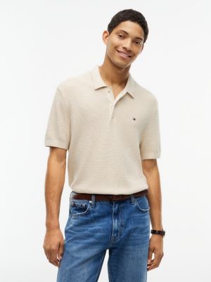 Short-Sleeve Cotton-Cashmere Sweater Polo, Heathered Oatmilk