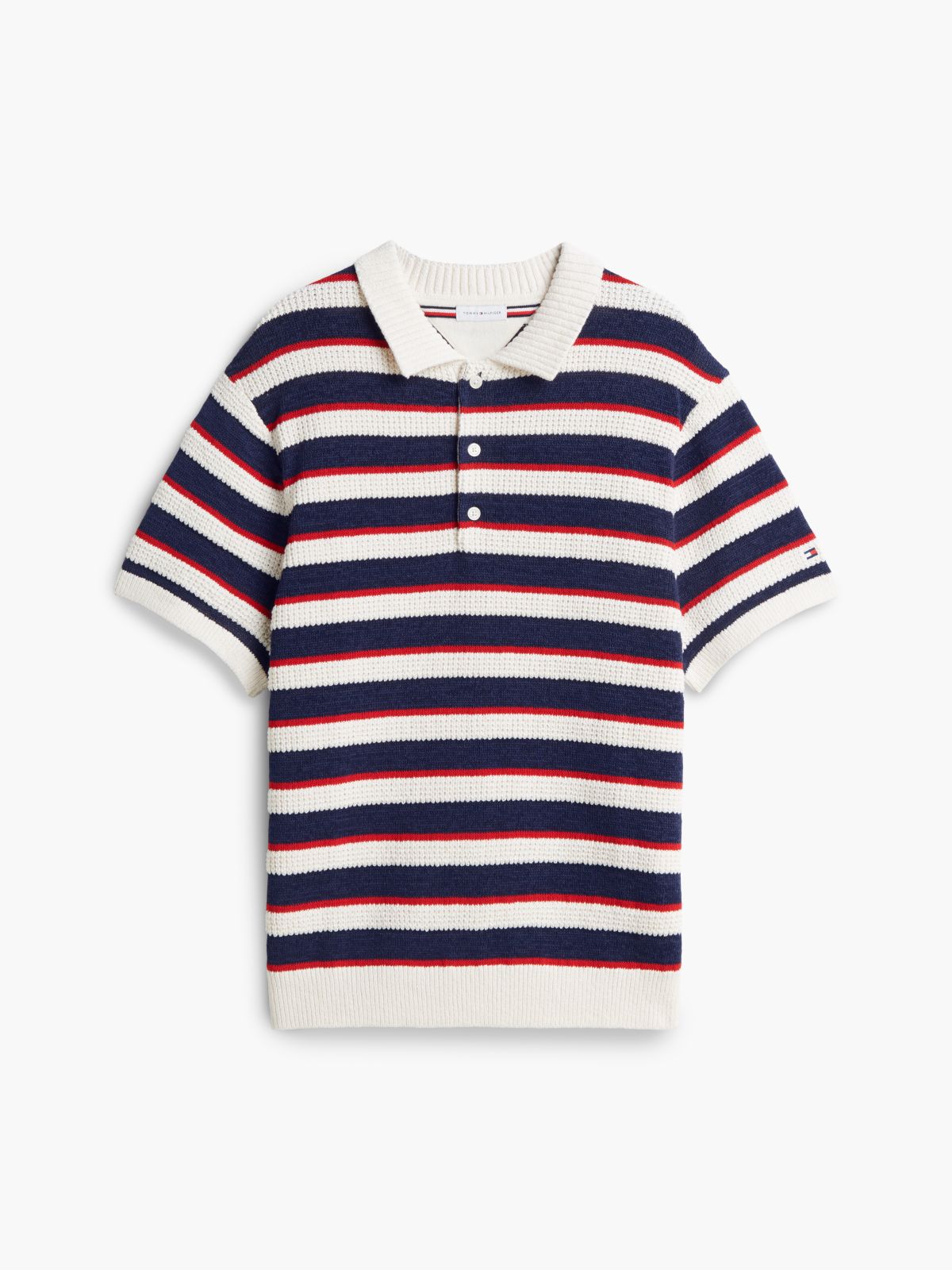 Short-Sleeve Striped Sweater Polo — Ivory Petal Multi