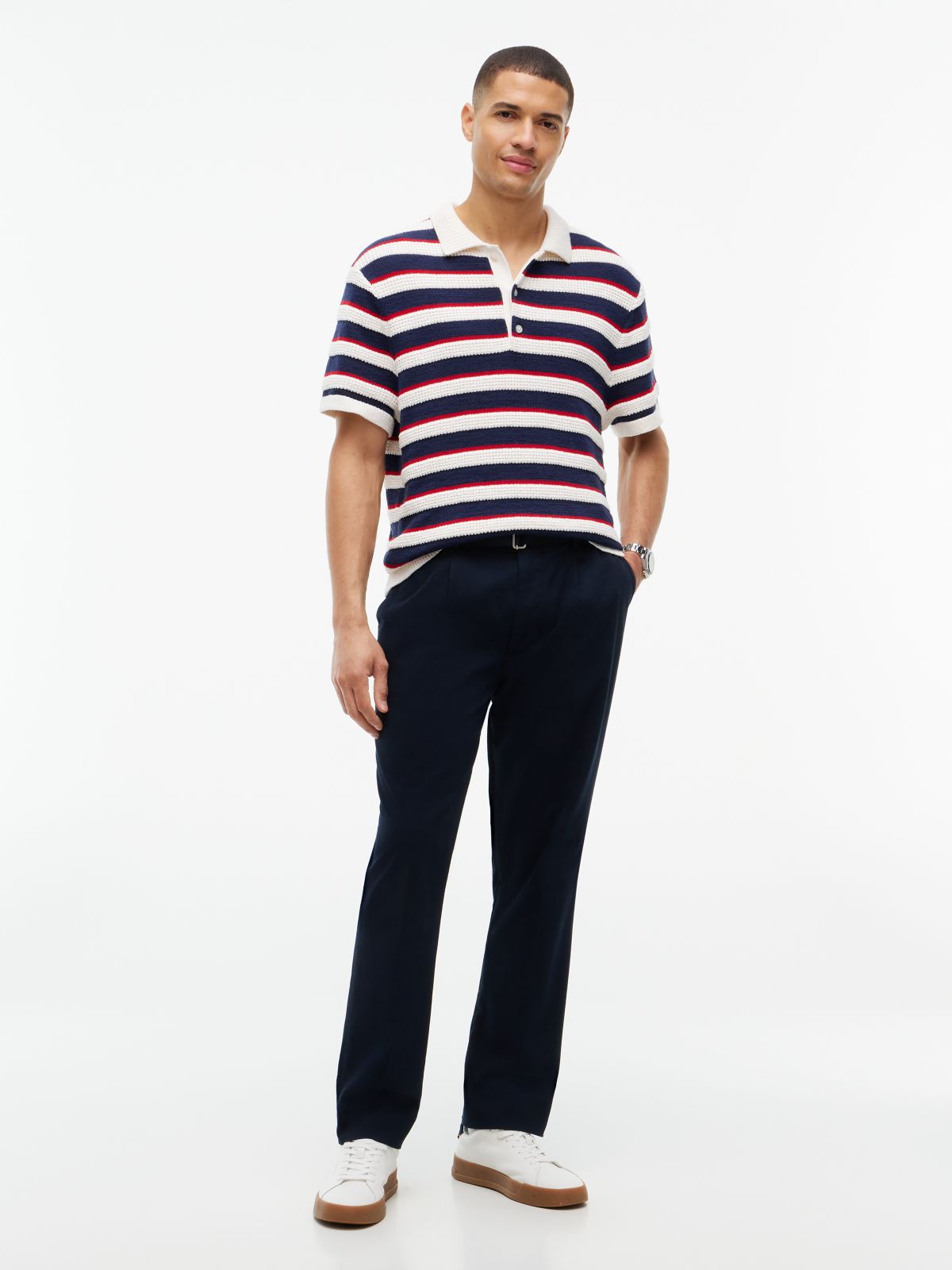 Short-Sleeve Striped Sweater Polo — Ivory Petal Multi