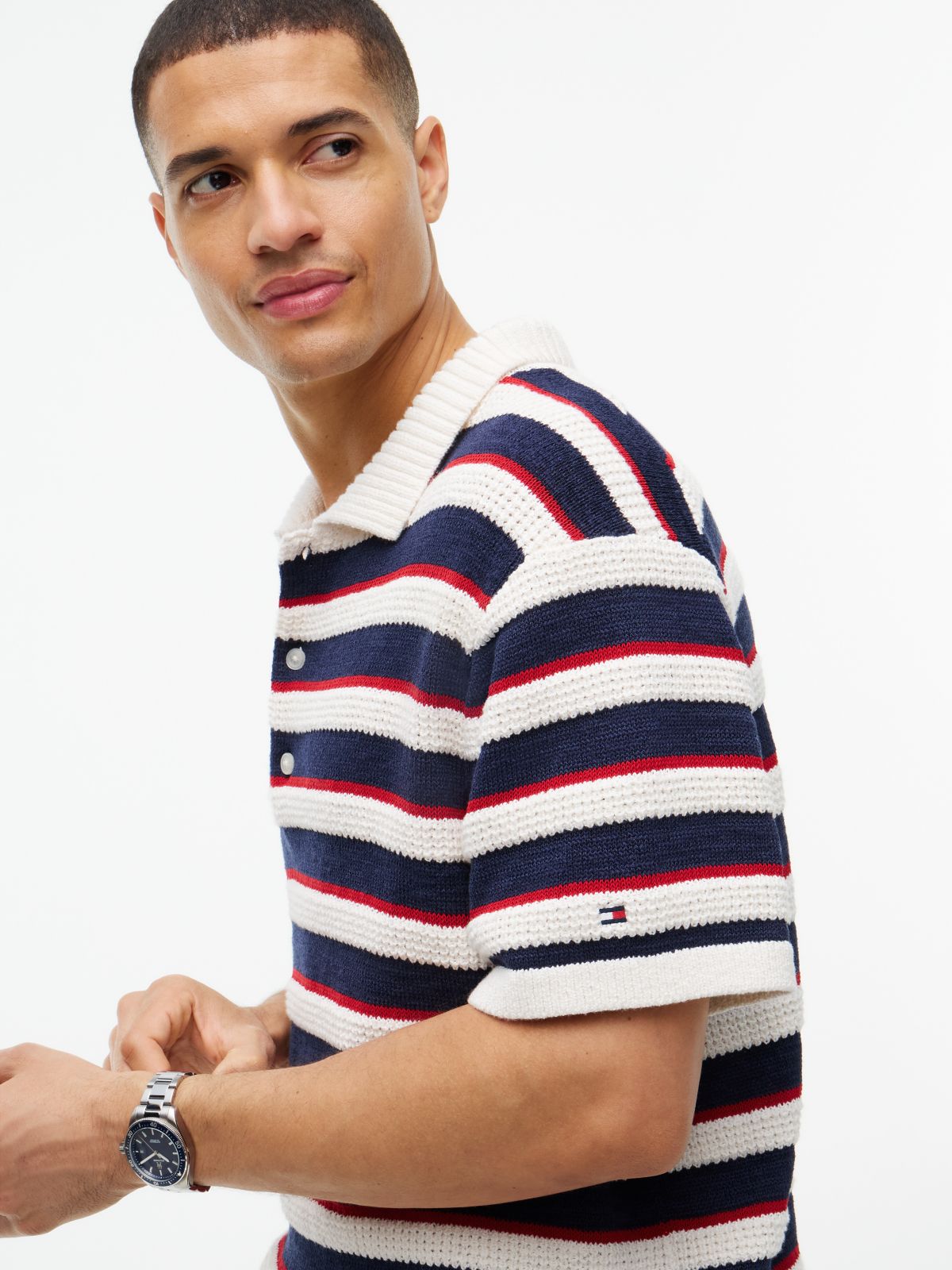 Short-Sleeve Striped Sweater Polo — Ivory Petal Multi