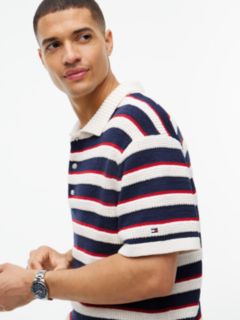 Short-Sleeve Striped Sweater Polo — Ivory Petal Multi 3