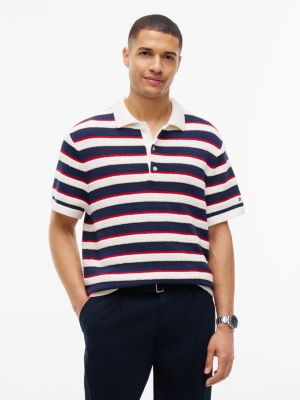 Short-Sleeve Striped Sweater Polo, Ivory Petal Multi