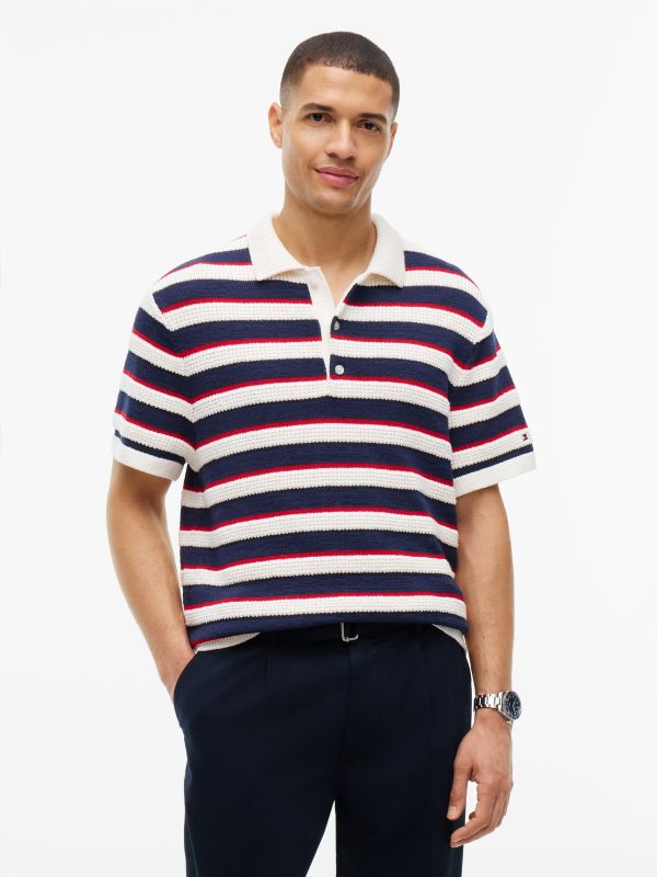 Short-Sleeve Striped Sweater Polo — Ivory Petal Multi