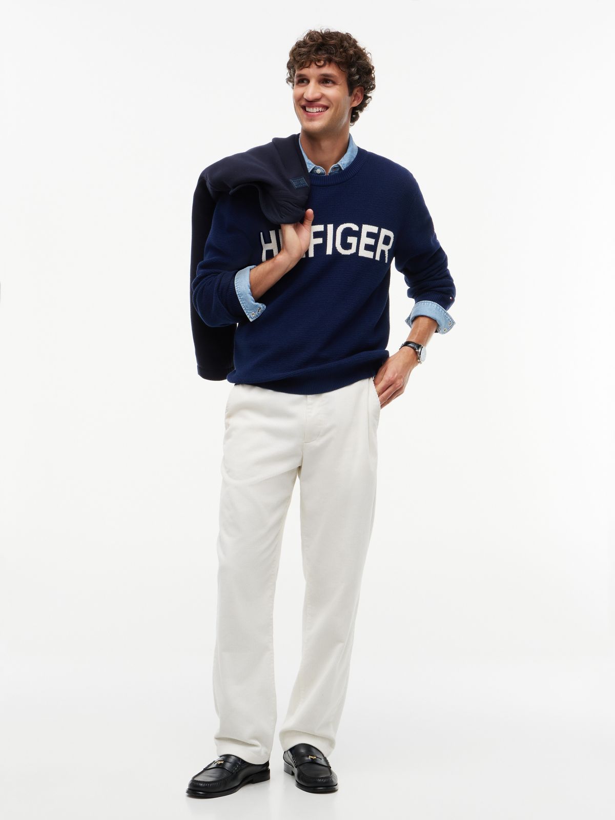 Hilfiger Logo Waffle-Knit Sweater — Carbon Navy