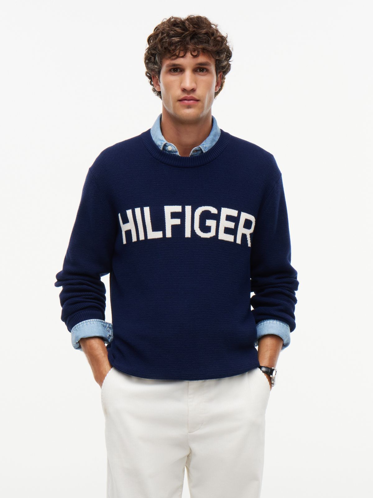 Hilfiger Logo Waffle-Knit Sweater — Carbon Navy
