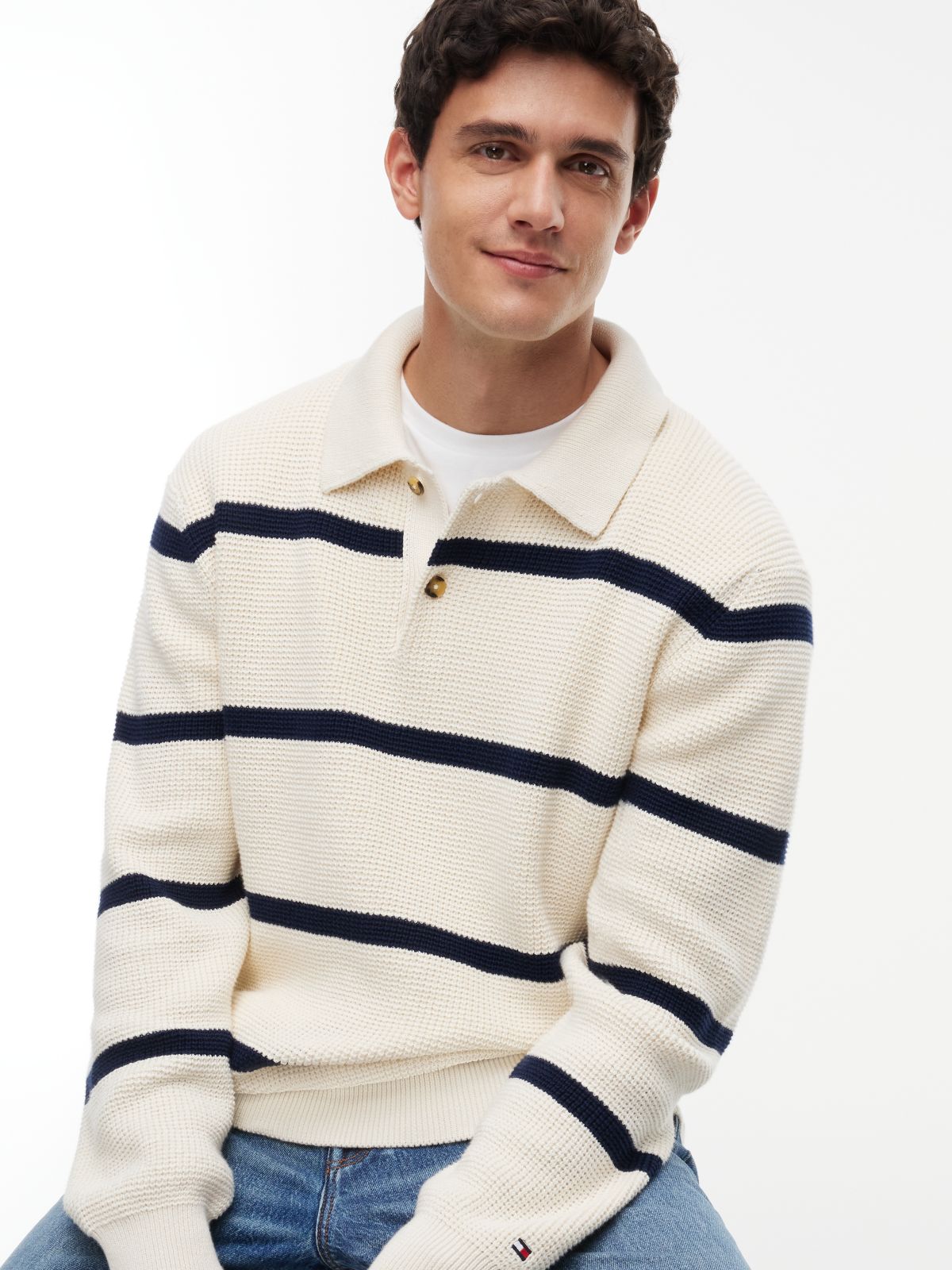 Waffle-Knit Sweater Polo — Ivory Petal