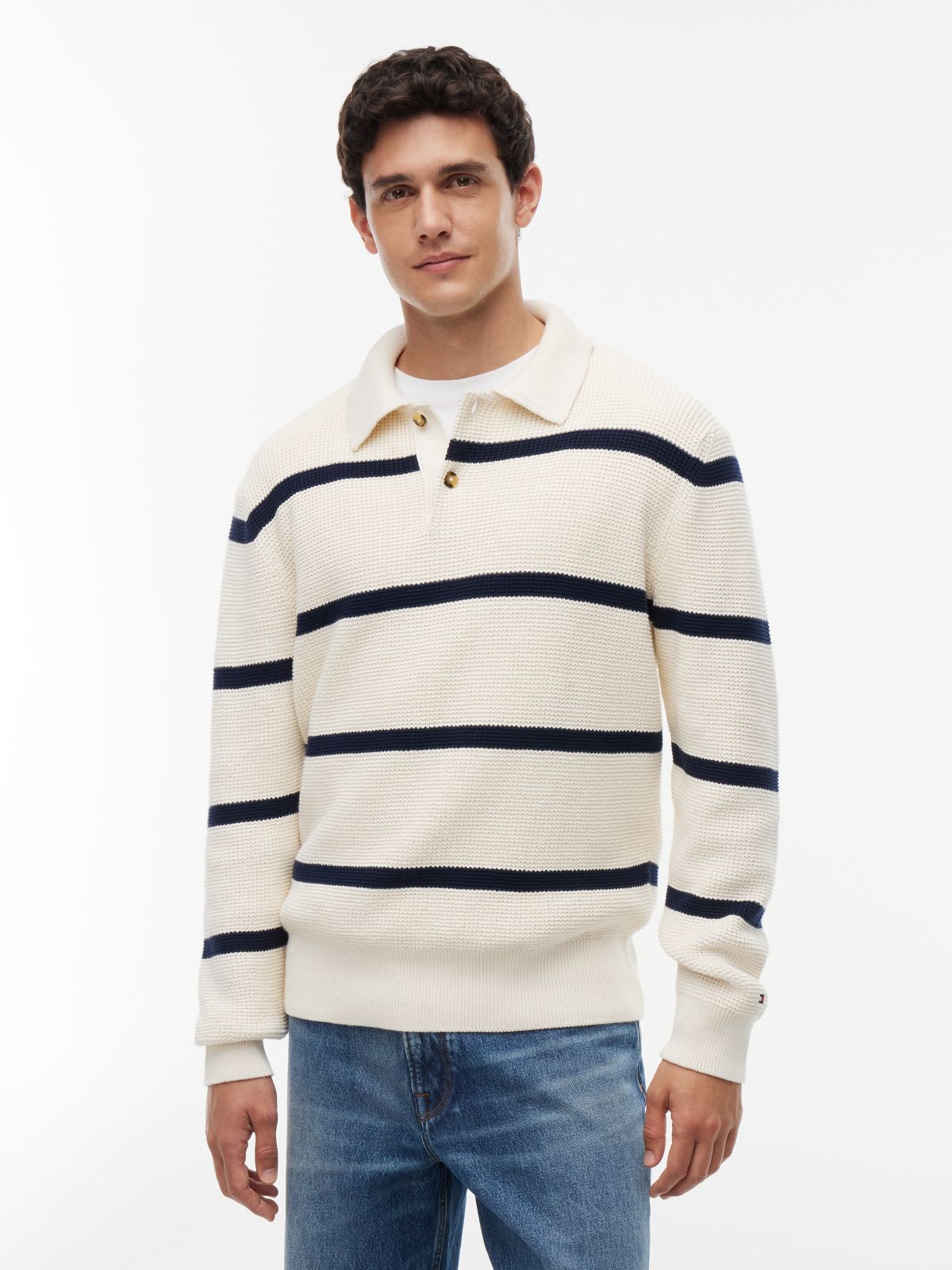 Waffle-Knit Sweater Polo — Ivory Petal