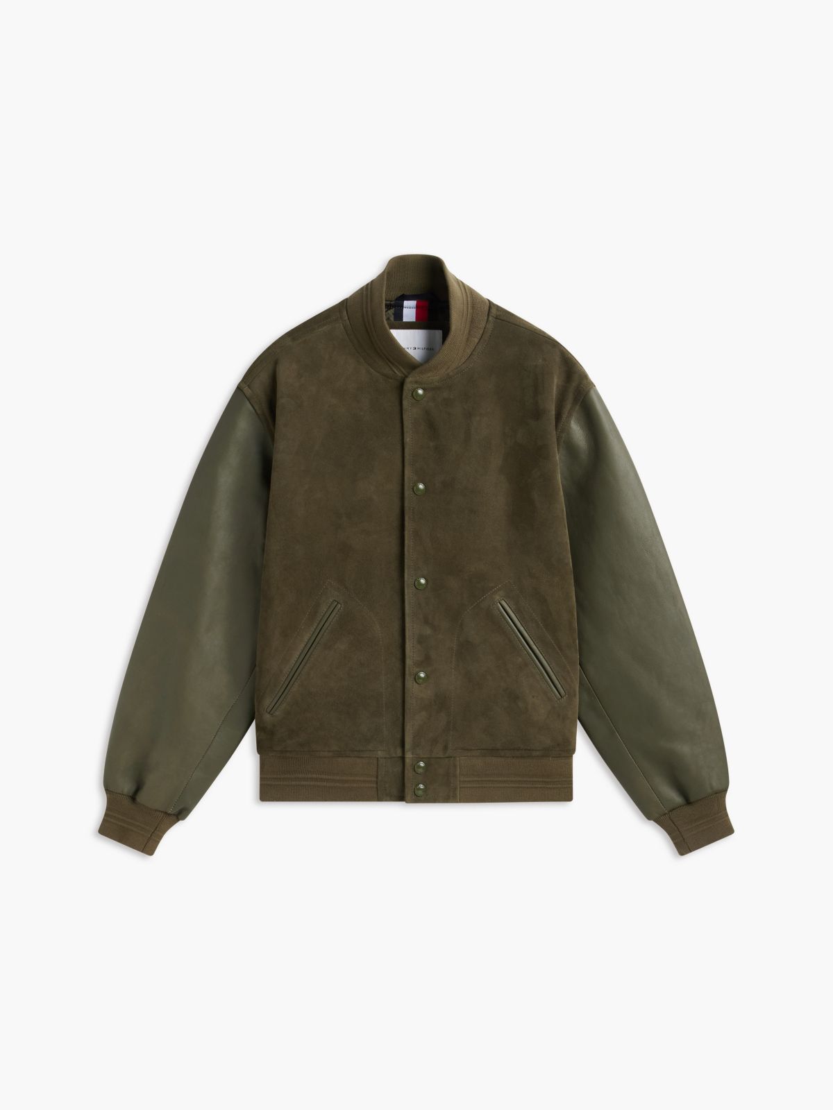 Leather and Suede Varsity Jacket — Platinum Olive