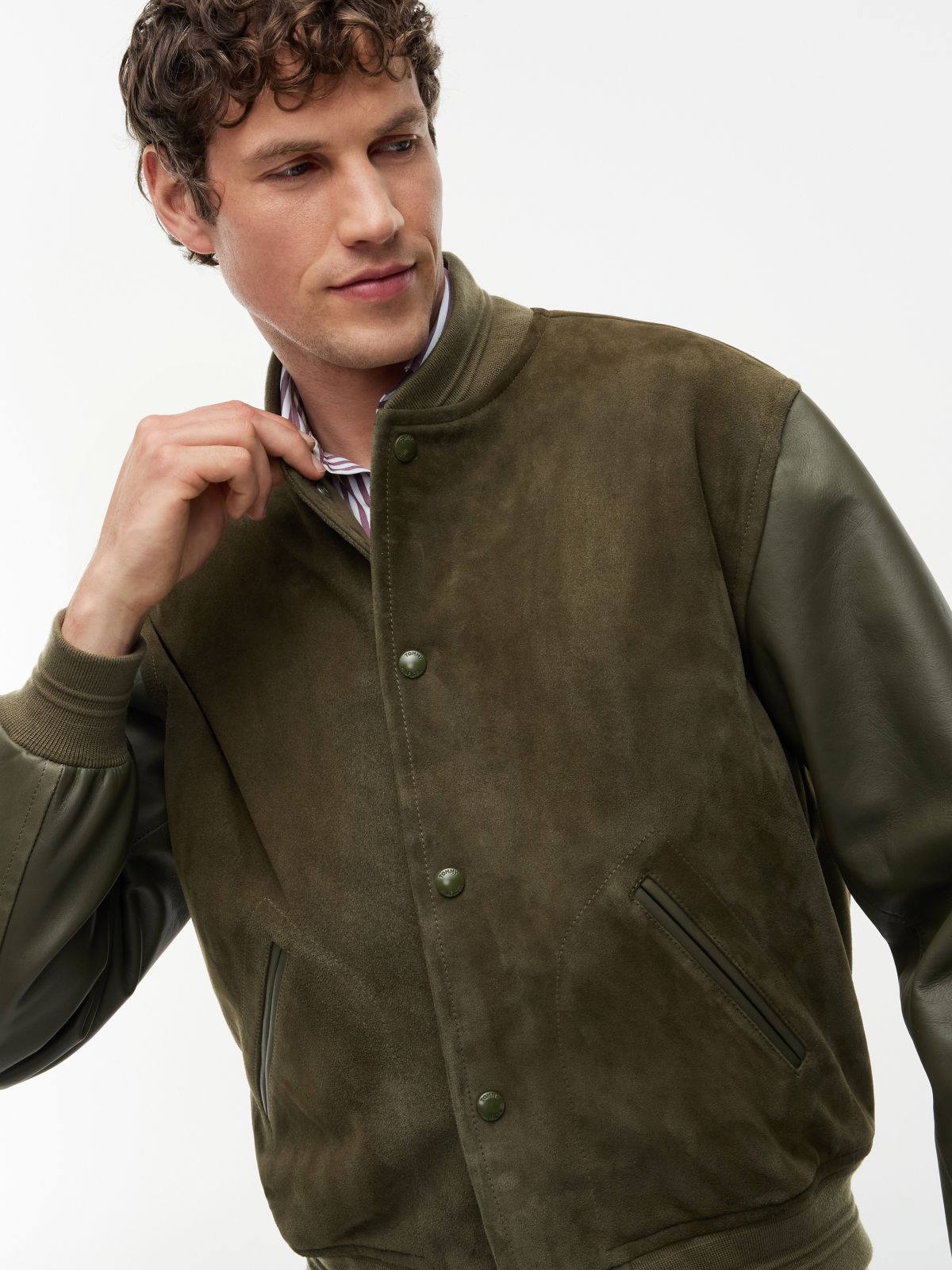 Leather and Suede Varsity Jacket — Platinum Olive