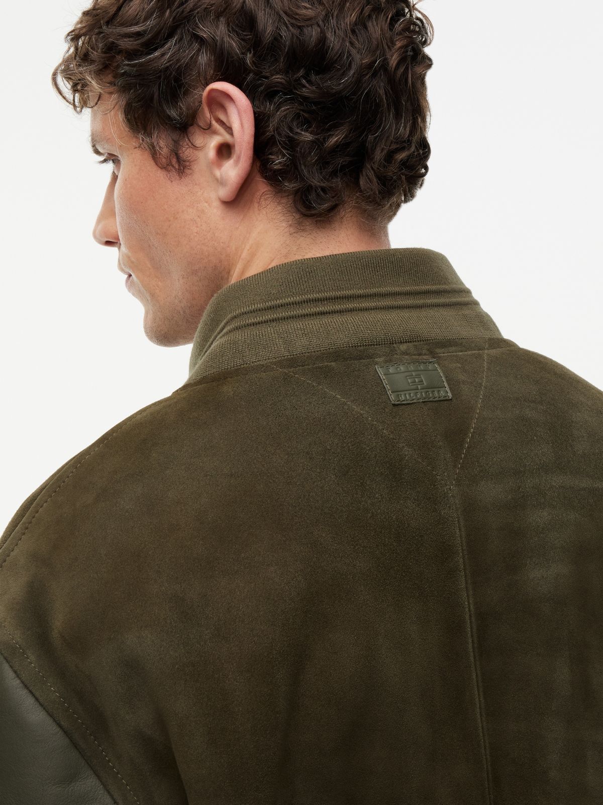 Leather and Suede Varsity Jacket — Platinum Olive