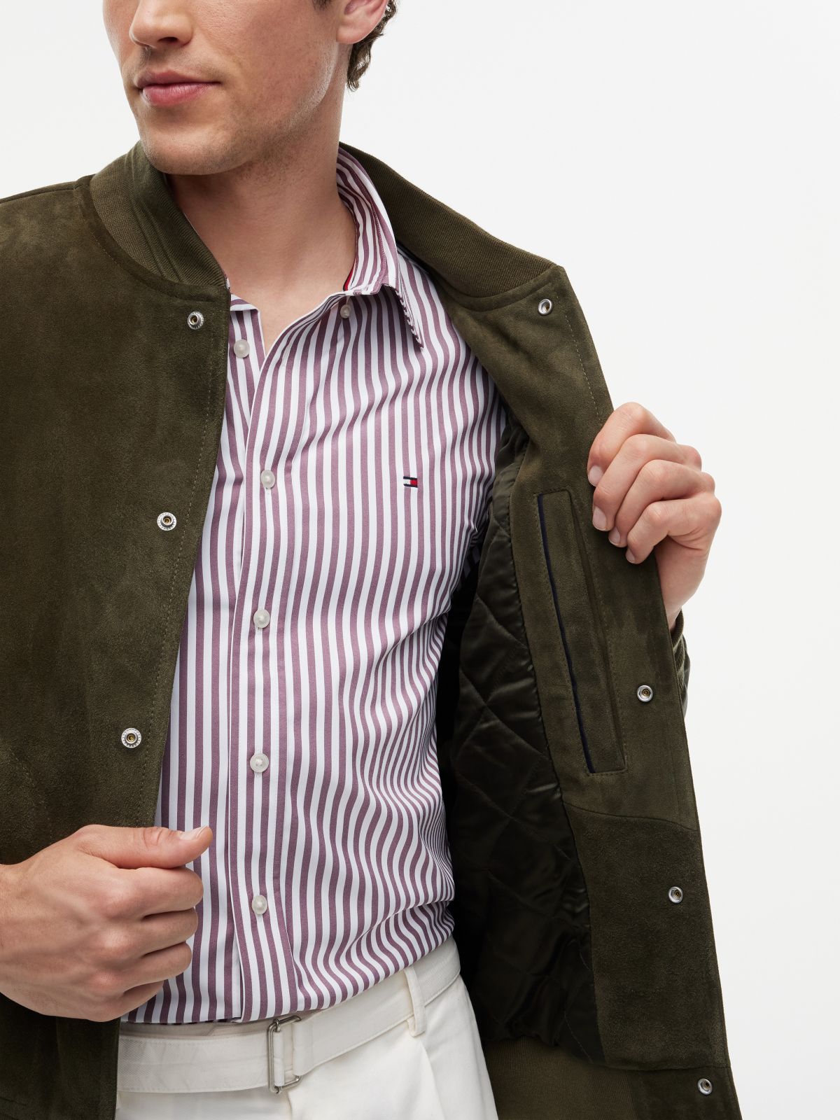 Leather and Suede Varsity Jacket — Platinum Olive
