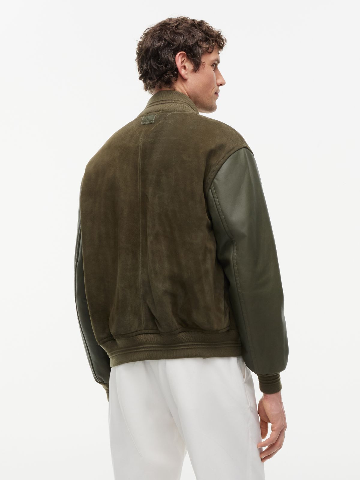 Leather and Suede Varsity Jacket — Platinum Olive
