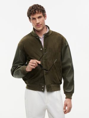 Leather and Suede Varsity Jacket, Platinum Olive