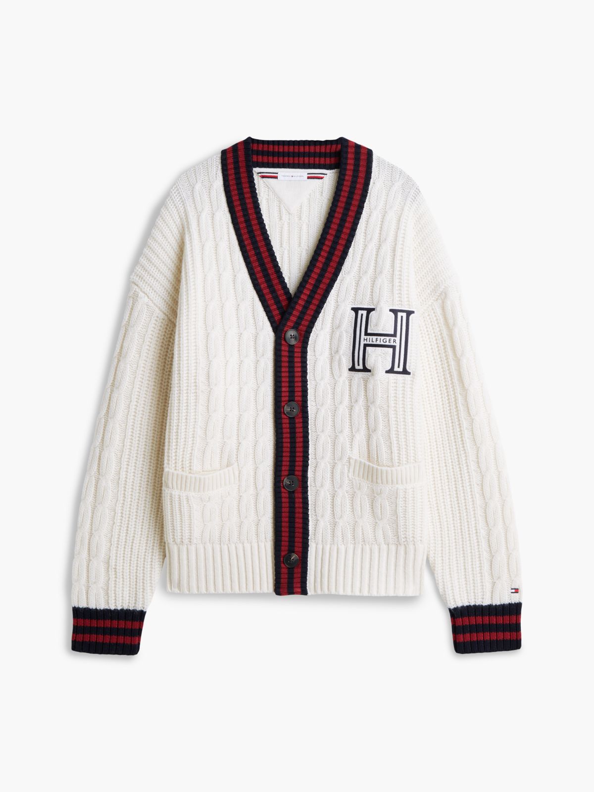 Cable Knit Wool-Blend Letterman Cardigan — Ivory Petal