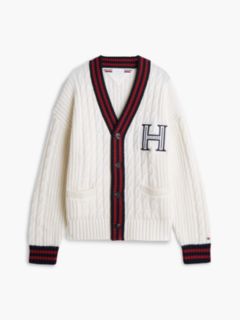 Cable Knit Wool-Blend Letterman Cardigan — Ivory Petal 6