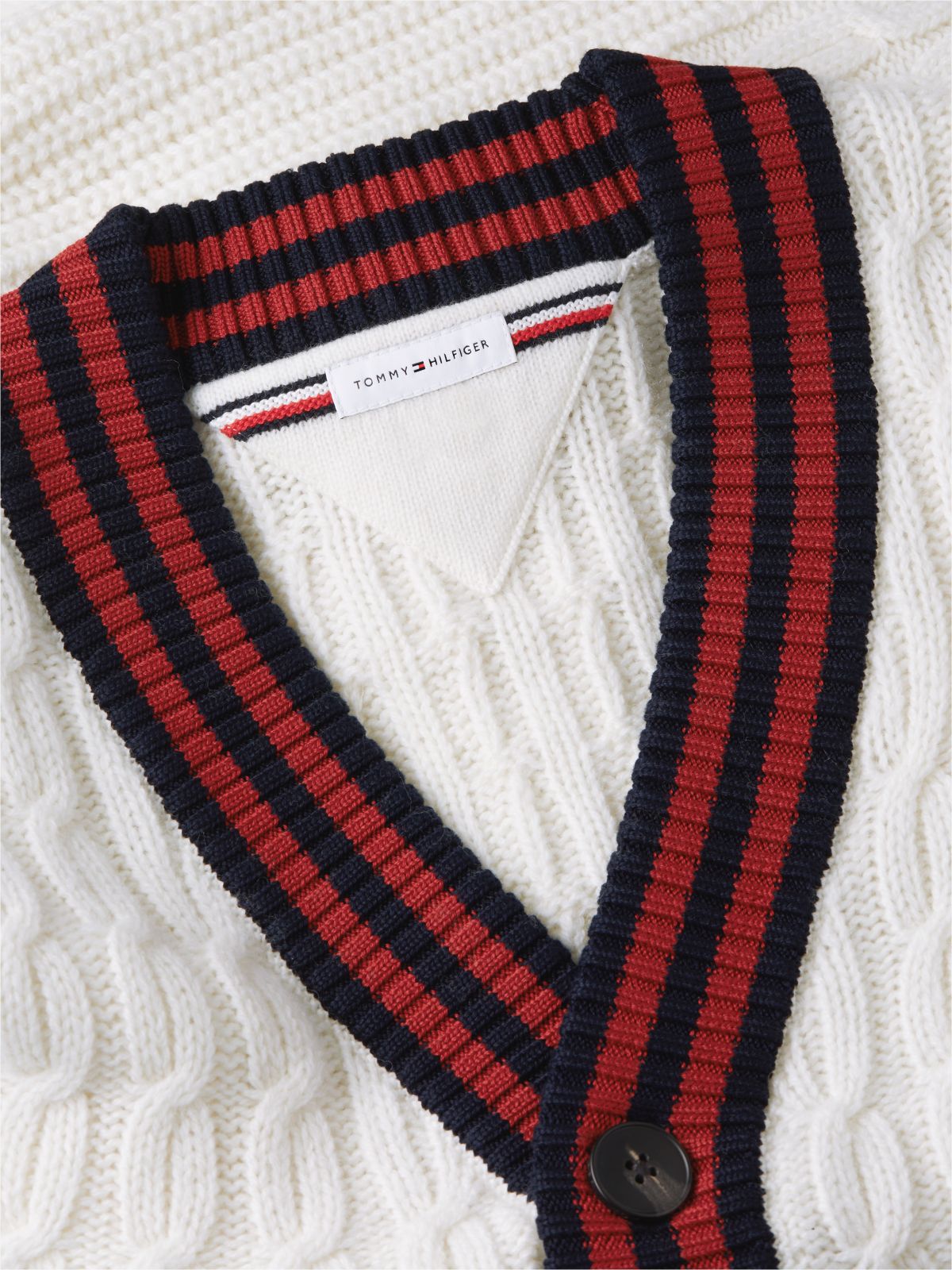 Cable Knit Wool-Blend Letterman Cardigan — Ivory Petal