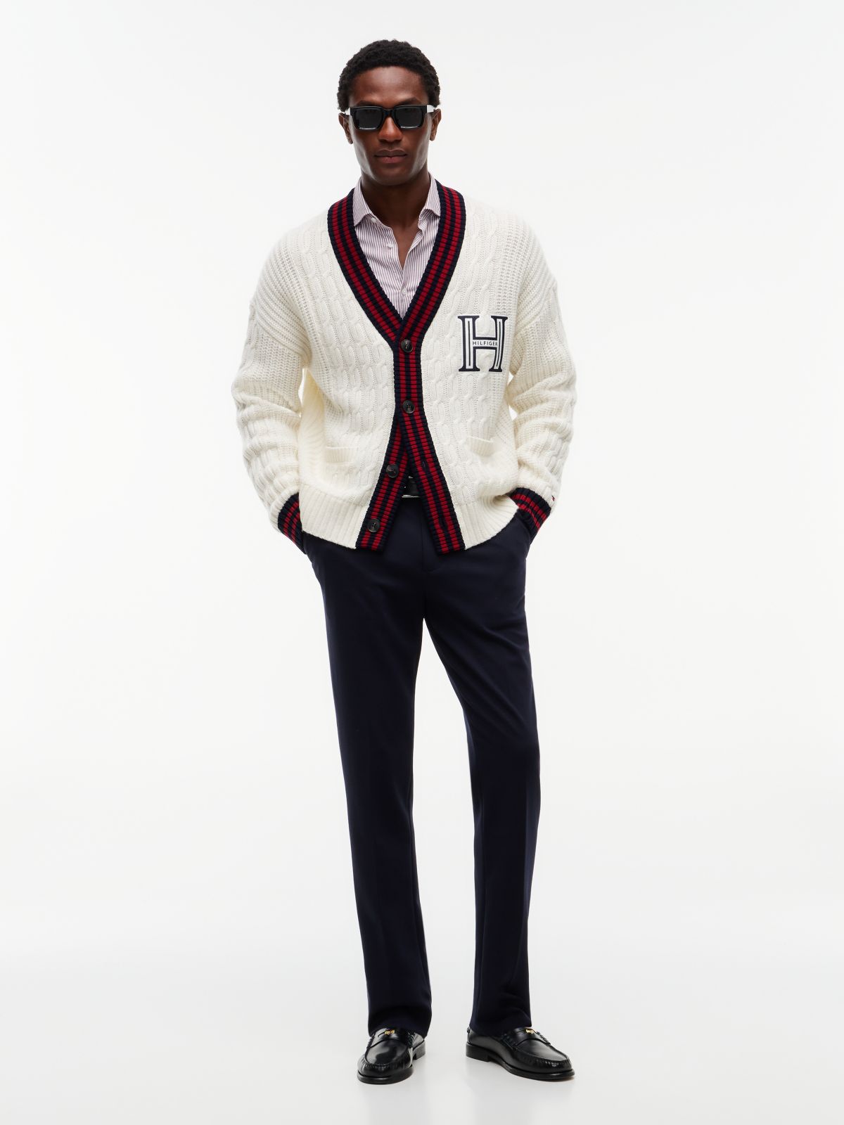 Cable Knit Wool-Blend Letterman Cardigan — Ivory Petal