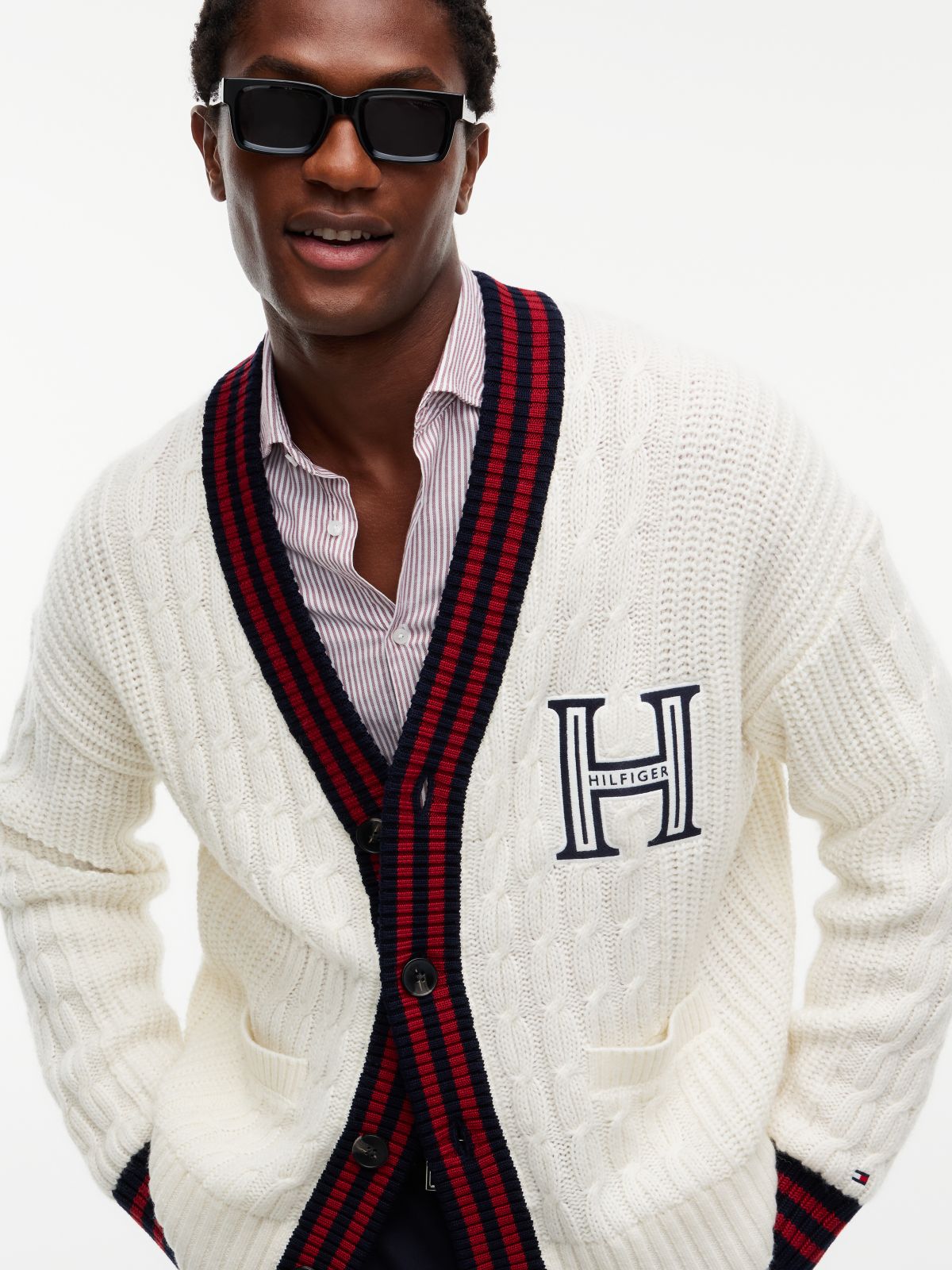 Cable Knit Wool-Blend Letterman Cardigan — Ivory Petal