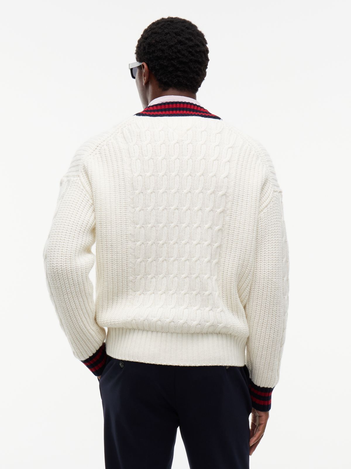 Cable Knit Wool-Blend Letterman Cardigan — Ivory Petal
