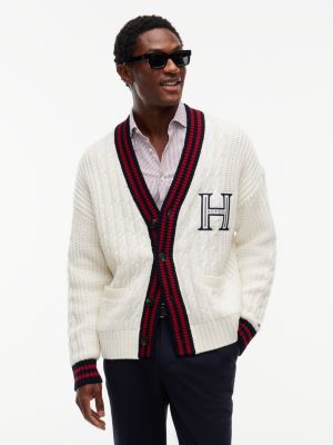 Cable Knit Wool-Blend Letterman Cardigan, Ivory Petal