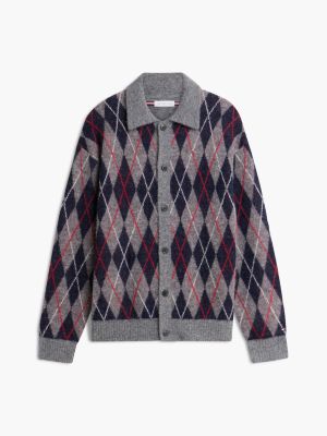 Мужской кардиган Tommy Hilfiger Relaxed Fit Argyle Polo Cardigan, цвет: Серый меланжевый — фото 5