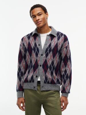 Relaxed Fit Argyle Polo Cardigan, Grey Heather