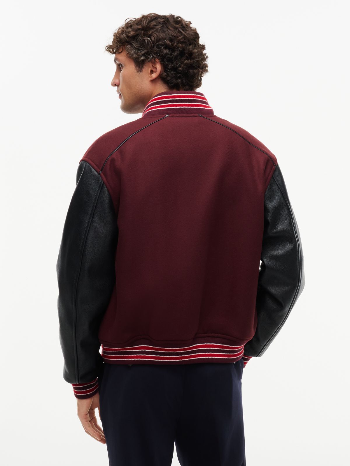 Mixed-Media Varsity Jacket — Burgundy Velvet