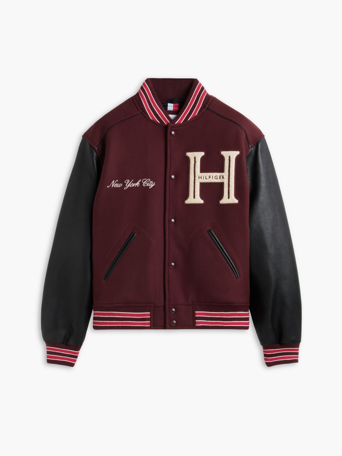 Mixed-Media Varsity Jacket — Burgundy Velvet