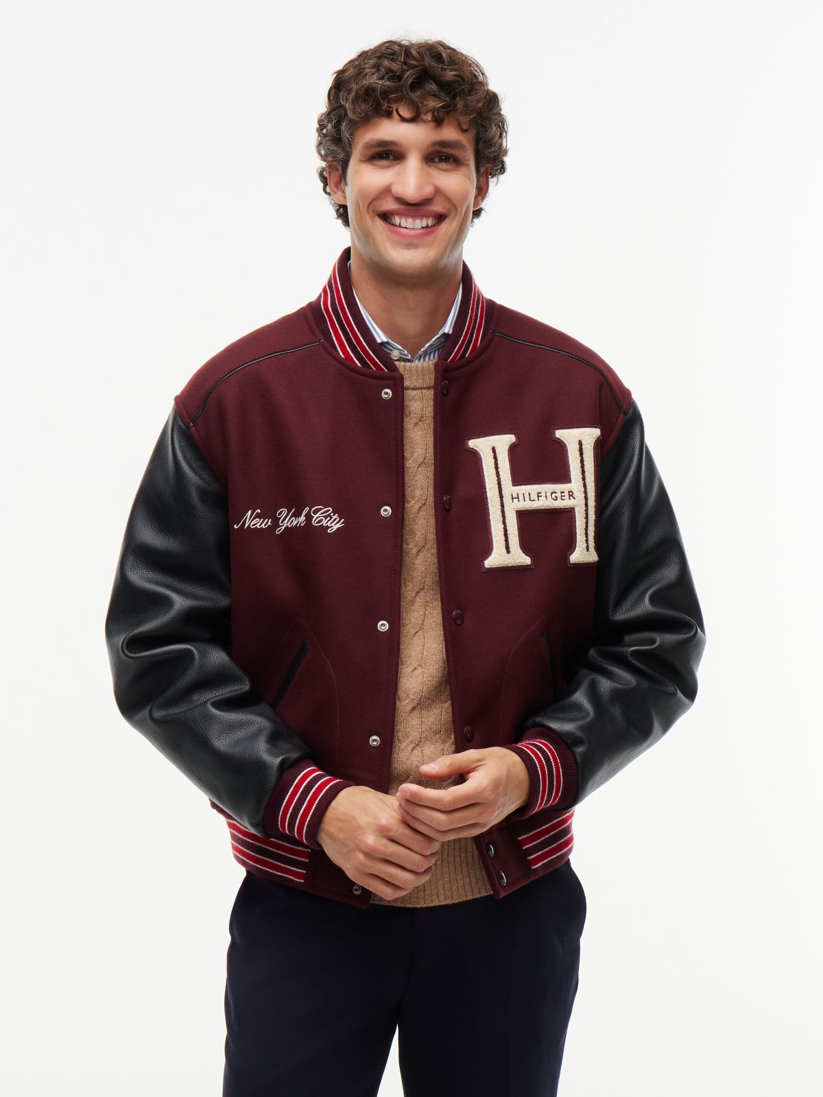 Mixed-Media Varsity Jacket — Burgundy Velvet