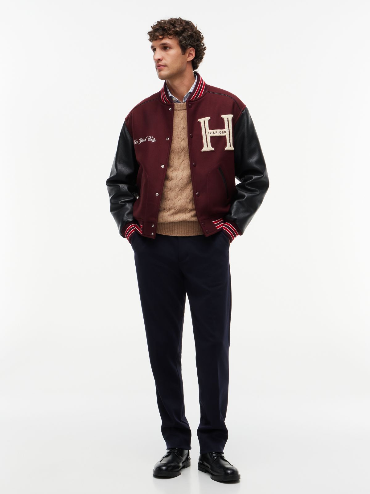 Mixed-Media Varsity Jacket — Burgundy Velvet