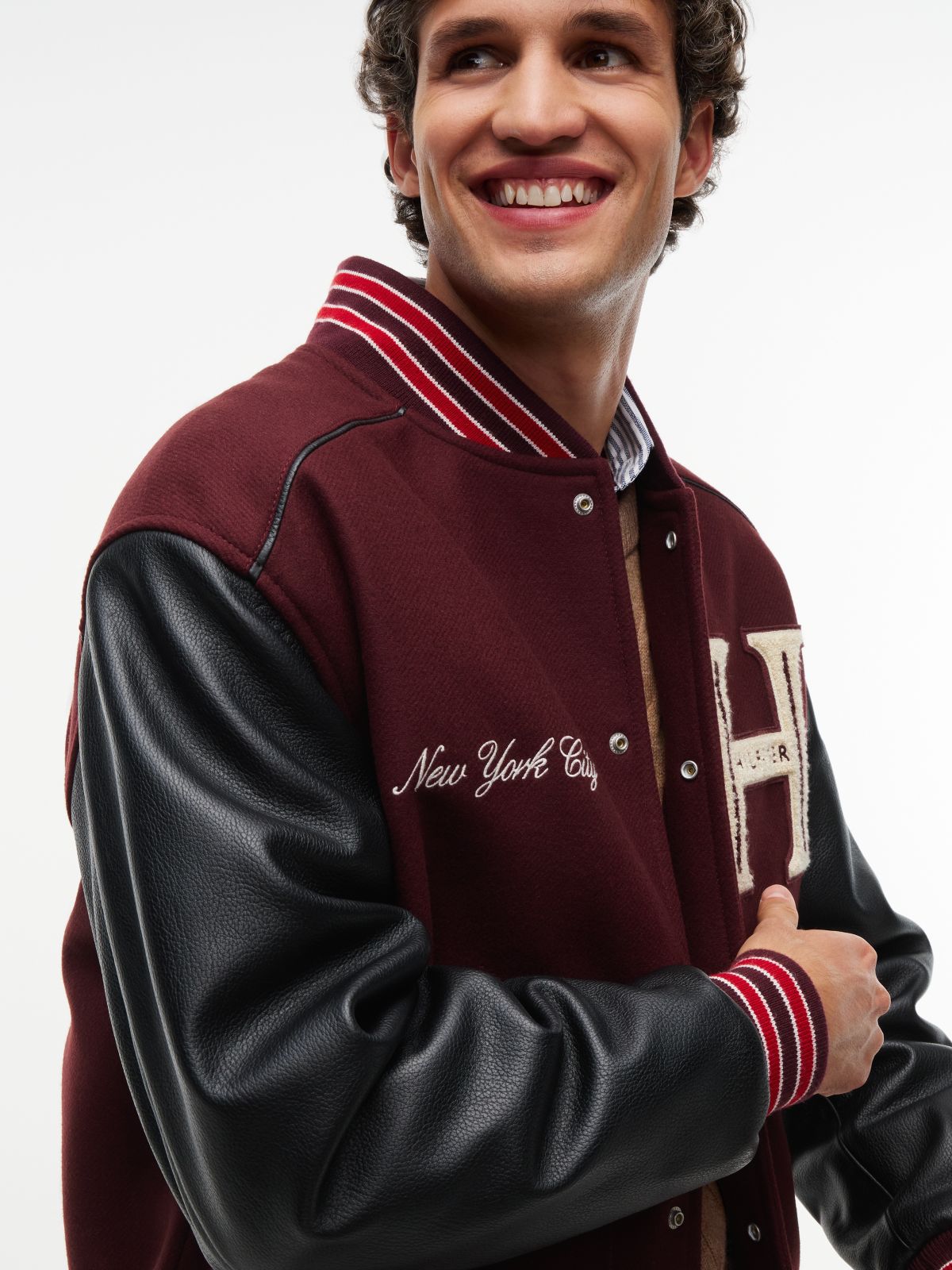 Mixed-Media Varsity Jacket — Burgundy Velvet